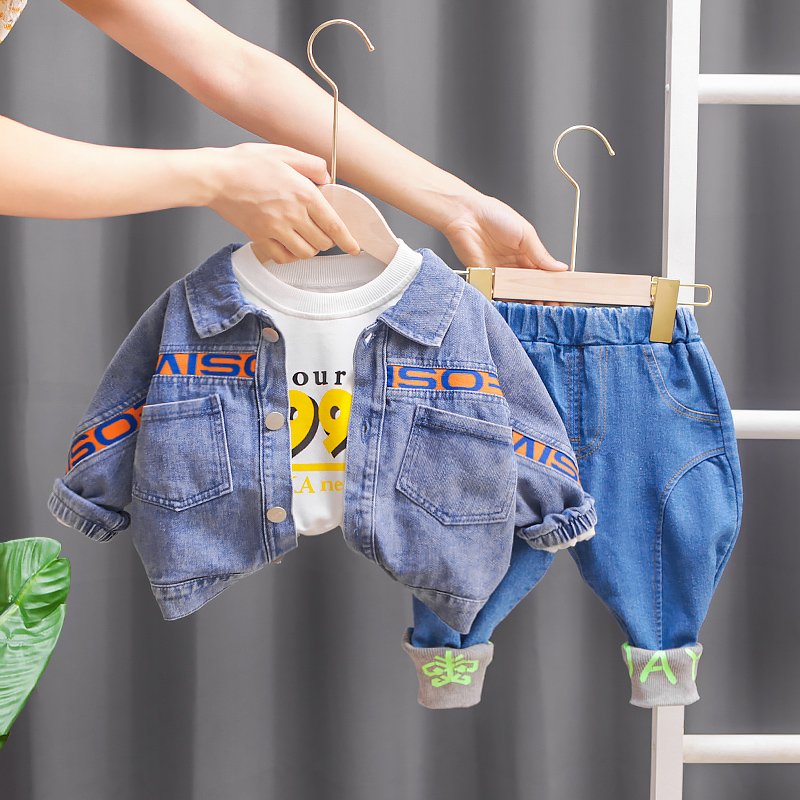 2024 Spring and Autumn Handsome Trendy Boys Clothing Set Blocked Denim Coat and Three Piece Set for Boys and Babies