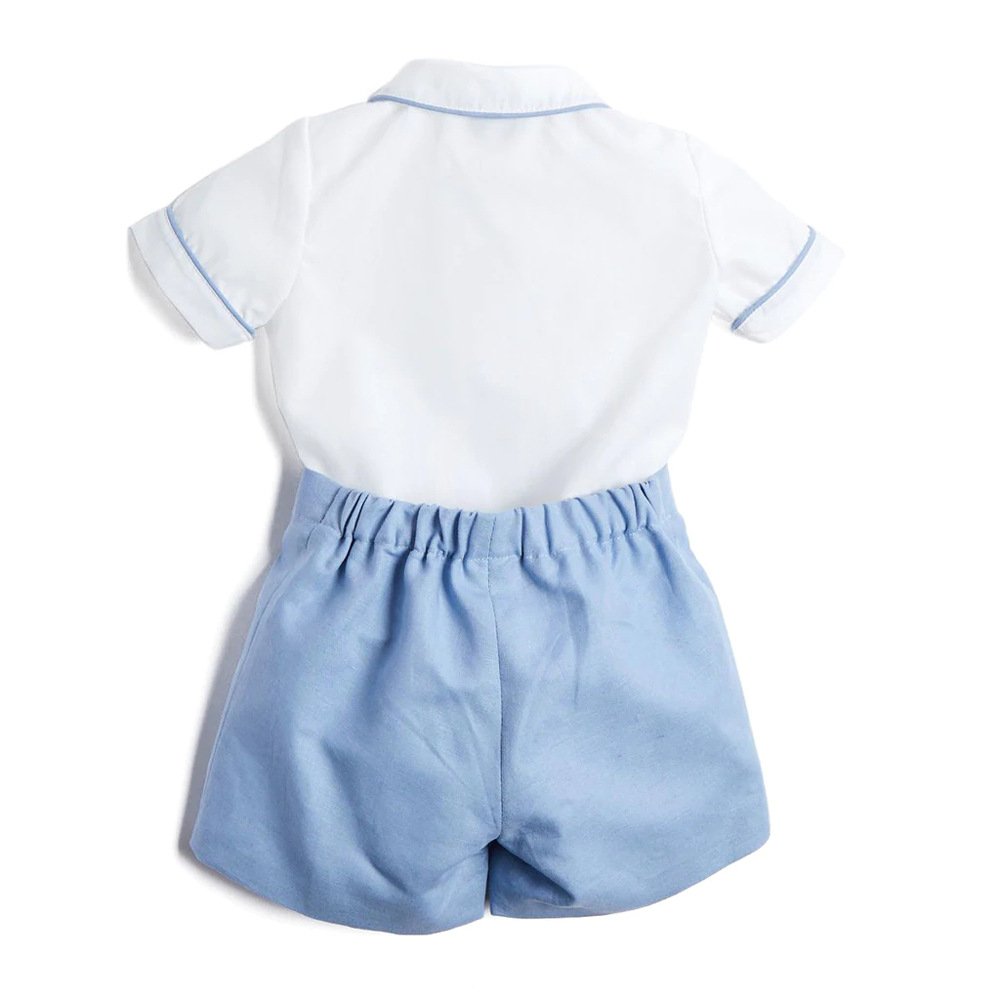 Baby Boys Kids Clothes Set Summer Children Classic Boutique Clothing Suit White Shirt Blue Cotton Shorts EID Birthday Outfits