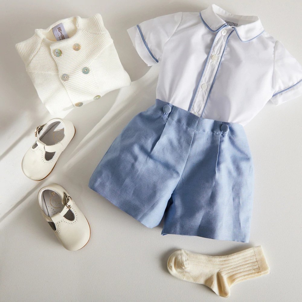 Baby Boys Kids Clothes Set Summer Children Classic Boutique Clothing Suit White Shirt Blue Cotton Shorts EID Birthday Outfits