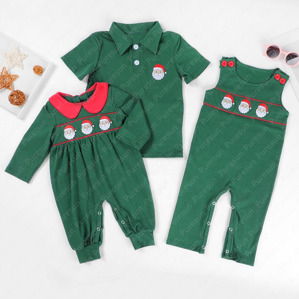 Custom Kids Christmas Matching Clothing Sets Wholesale Vintage Green French knot Toddler Family Match Smocked Santa Face Outfits