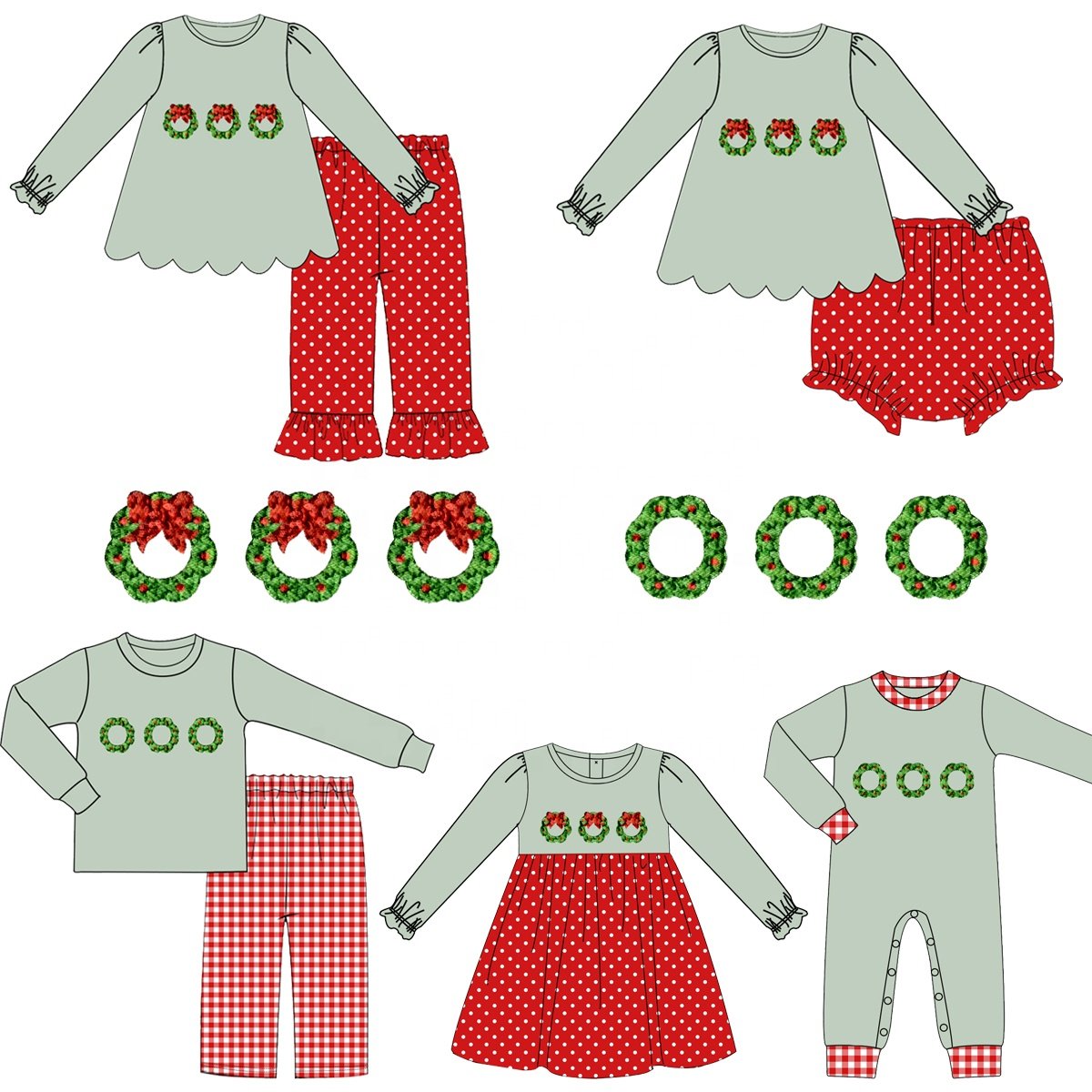 Custom Kids Christmas Matching Clothing Sets Wholesale Vintage Green French knot Toddler Family Match Smocked Santa Face Outfits