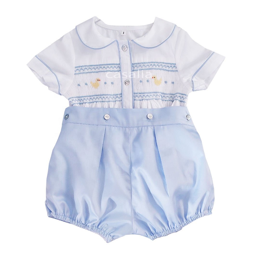Traditional Boys Buster Suit Hand-Smocked Heritage Design OEM/ODM Cotton Fabric for Children & Girls-SM230703B