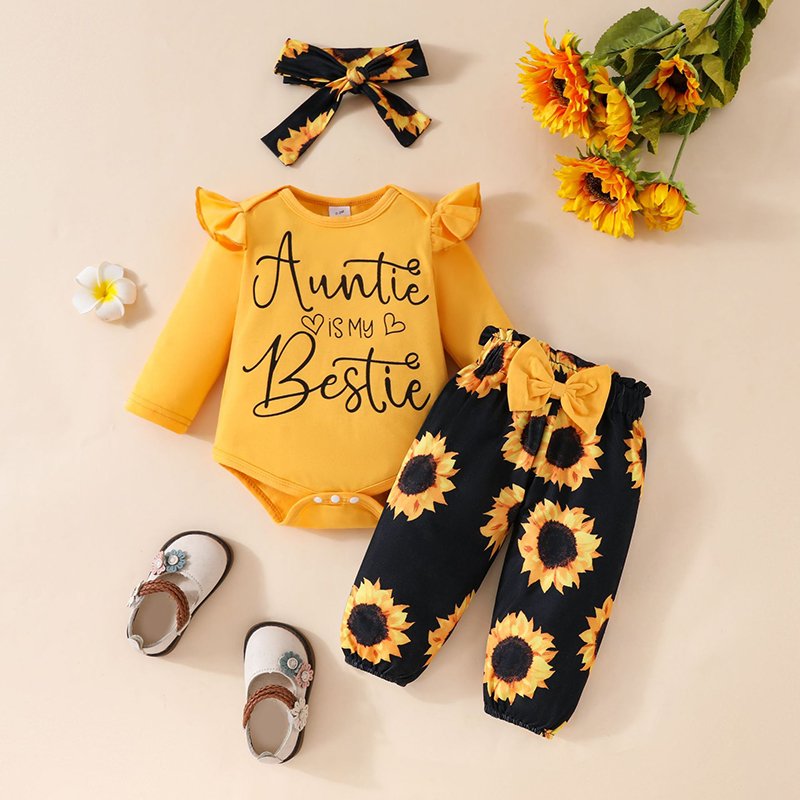 Hongbo boutique infant girl bodysuit bow pants set Long sleeved baby girl onesie with headband 3 Pcs baby girl clothing sets