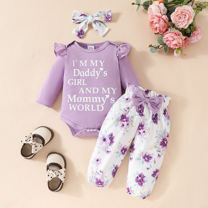Hongbo boutique infant girl bodysuit bow pants set Long sleeved baby girl onesie with headband 3 Pcs baby girl clothing sets