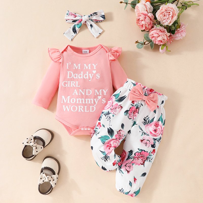 Hongbo boutique infant girl bodysuit bow pants set Long sleeved baby girl onesie with headband 3 Pcs baby girl clothing sets