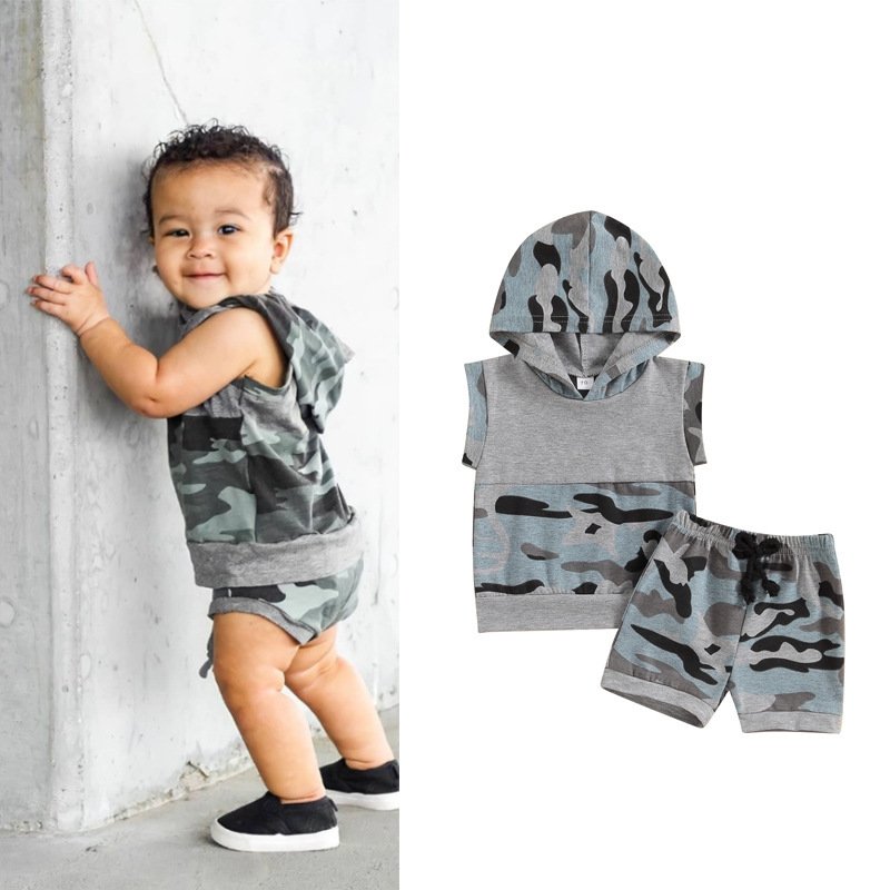 Custom Logo Cotton Outfit Summer Infant Toddler Clothes Hooded camo Tank top Short Baby Boys Clothing Set
