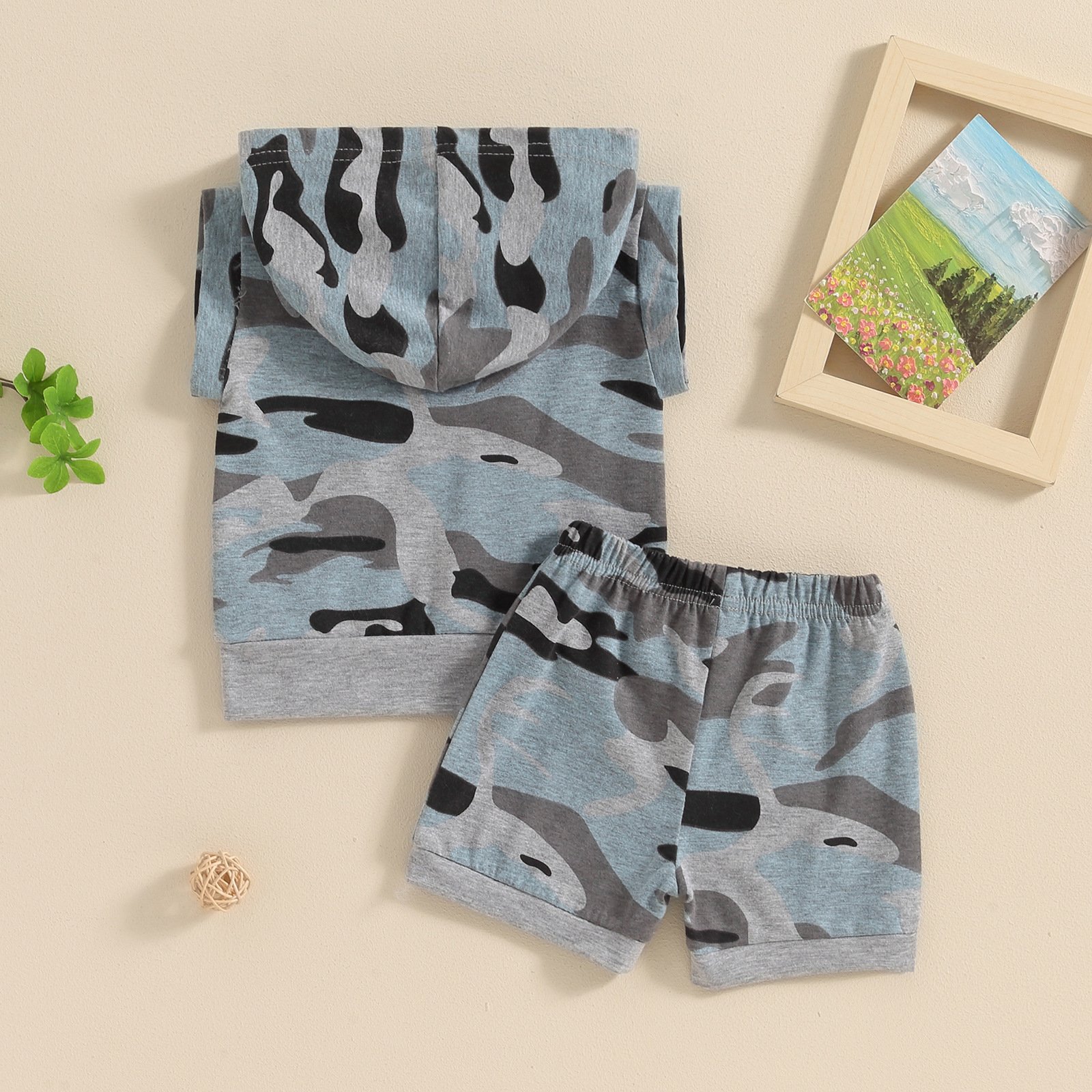 Custom Logo Cotton Outfit Summer Infant Toddler Clothes Hooded camo Tank top Short Baby Boys Clothing Set