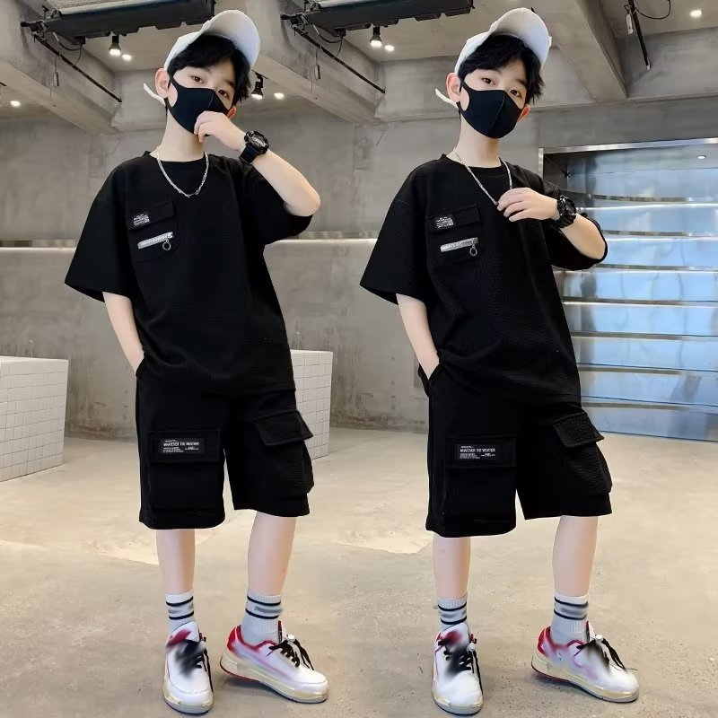 Boys Clothing Sets Kids Boutique 2 Pcs Teenager Short Sleeve Solid Color Shirt Mid Length Shorts Children Clothes Suit