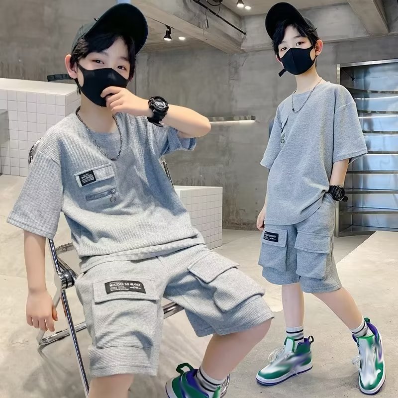 Boys Clothing Sets Kids Boutique 2 Pcs Teenager Short Sleeve Solid Color Shirt Mid Length Shorts Children Clothes Suit