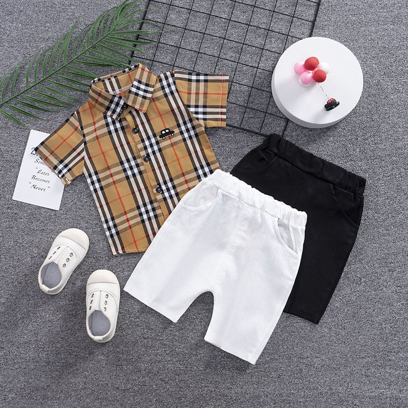 luxury brand baby's Summer infant and toddler's plaid sibling sets kid's Short Sleeve Suit for boys two-piece baby suit
