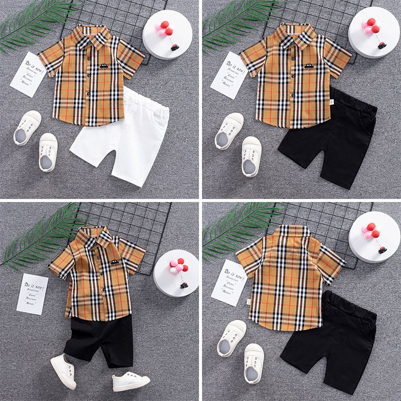 luxury brand baby's Summer infant and toddler's plaid sibling sets kid's Short Sleeve Suit for boys two-piece baby suit