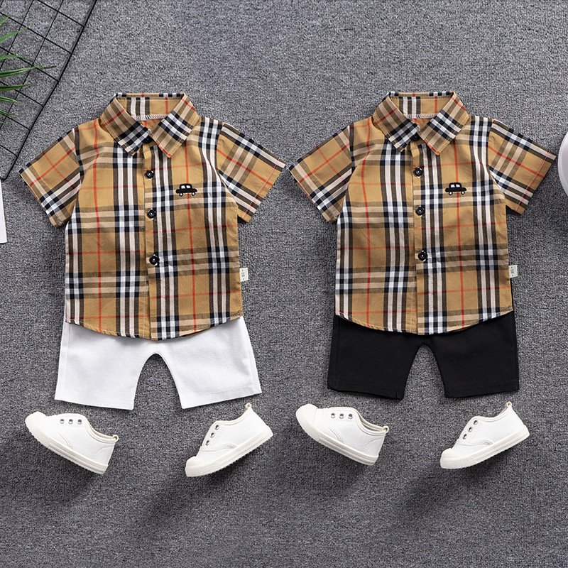 luxury brand baby's Summer infant and toddler's plaid sibling sets kid's Short Sleeve Suit for boys two-piece baby suit