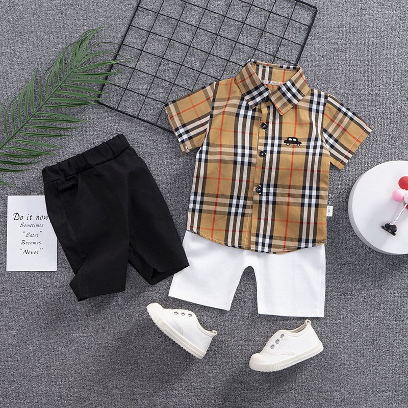 luxury brand baby's Summer infant and toddler's plaid sibling sets kid's Short Sleeve Suit for boys two-piece baby suit