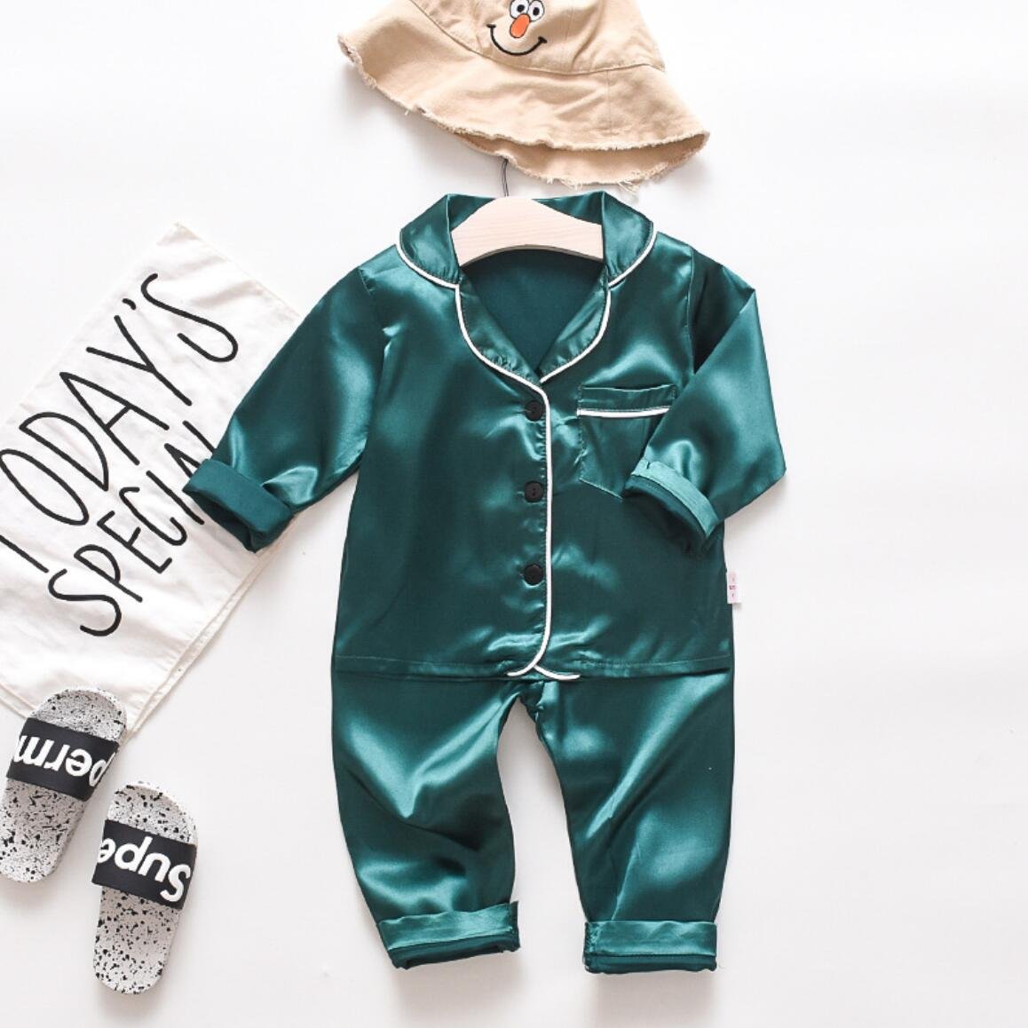 Long Sleeve Children Pijamas Solid Pajama Sets Satin Kids Toddler Baby Boy Girl Silk Satin Top Pant Silk Sleepwear