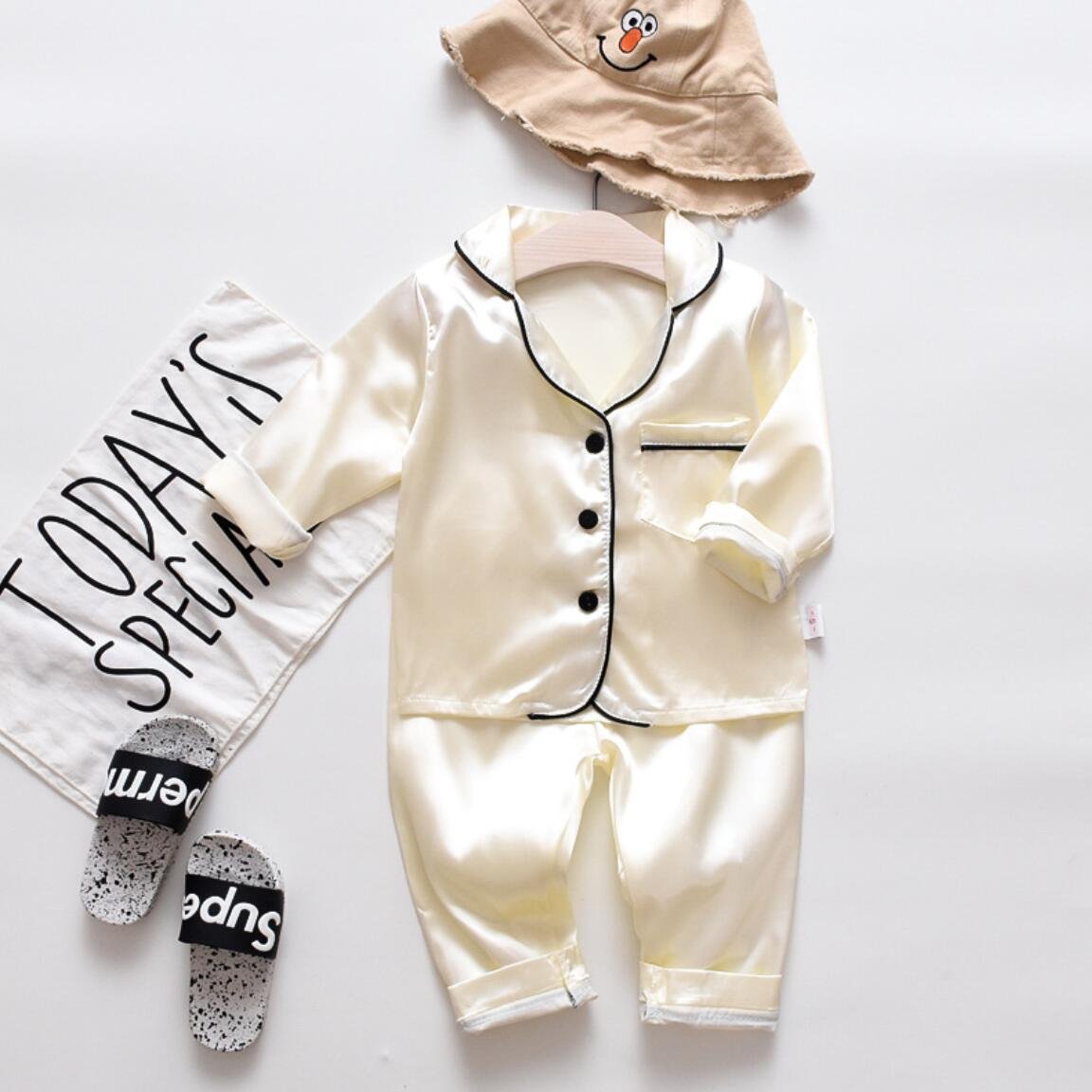 Long Sleeve Children Pijamas Solid Pajama Sets Satin Kids Toddler Baby Boy Girl Silk Satin Top Pant Silk Sleepwear