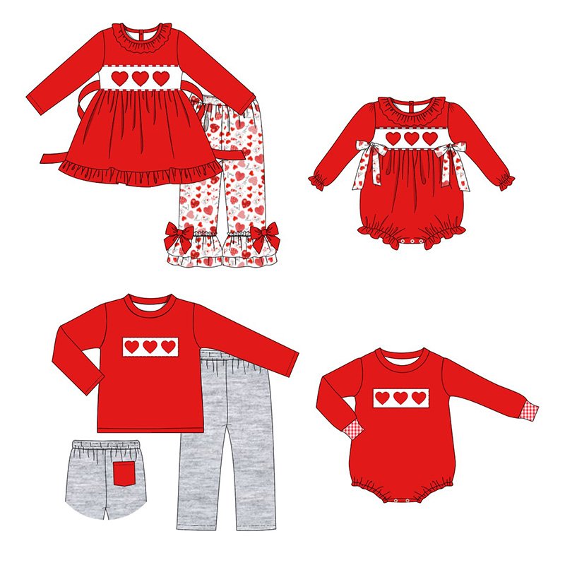 baby boy Valentine's day clothes red hearts smocked pants set children matching holiday embroidery boutique outfit