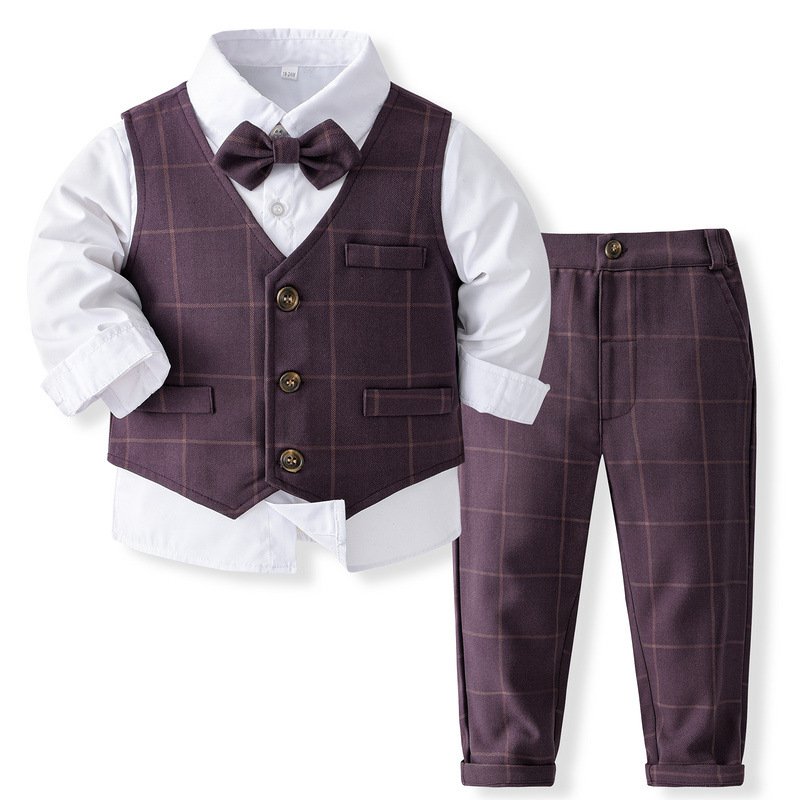 Formal Outfit Suit for Baby Boy Clothes Cotton Kids Boys Shirt Wedding Suits Plaid Waistcoat Boys Clothing Set Children Clothes