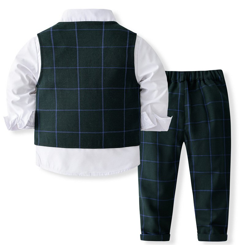 Formal Outfit Suit for Baby Boy Clothes Cotton Kids Boys Shirt Wedding Suits Plaid Waistcoat Boys Clothing Set Children Clothes