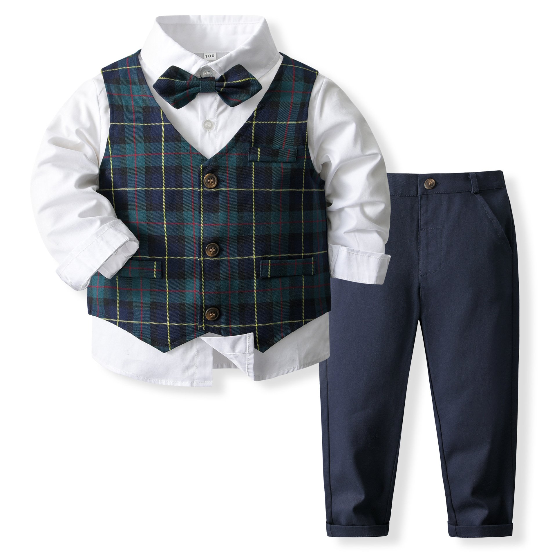 Formal Outfit Suit for Baby Boy Clothes Cotton Kids Boys Shirt Wedding Suits Plaid Waistcoat Boys Clothing Set Children Clothes