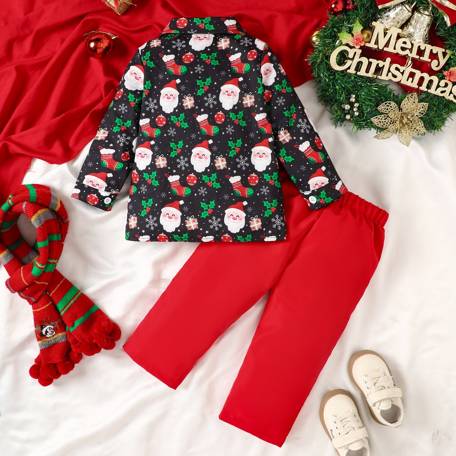 Toddler Baby Boys Christmas Clothes Santa Print Button Long Sleeve Shirt Pants Set Xmas Gentlemen Outfits