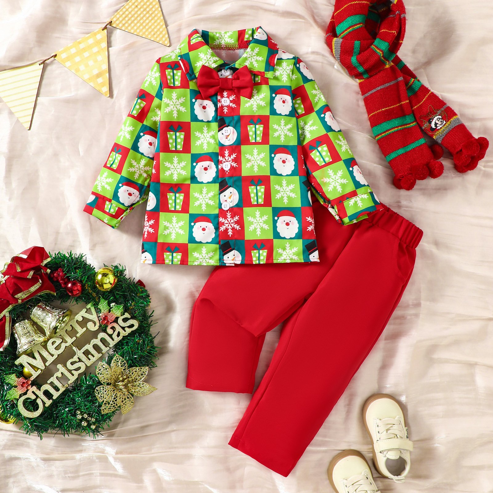 Toddler Baby Boys Christmas Clothes Santa Print Button Long Sleeve Shirt Pants Set Xmas Gentlemen Outfits