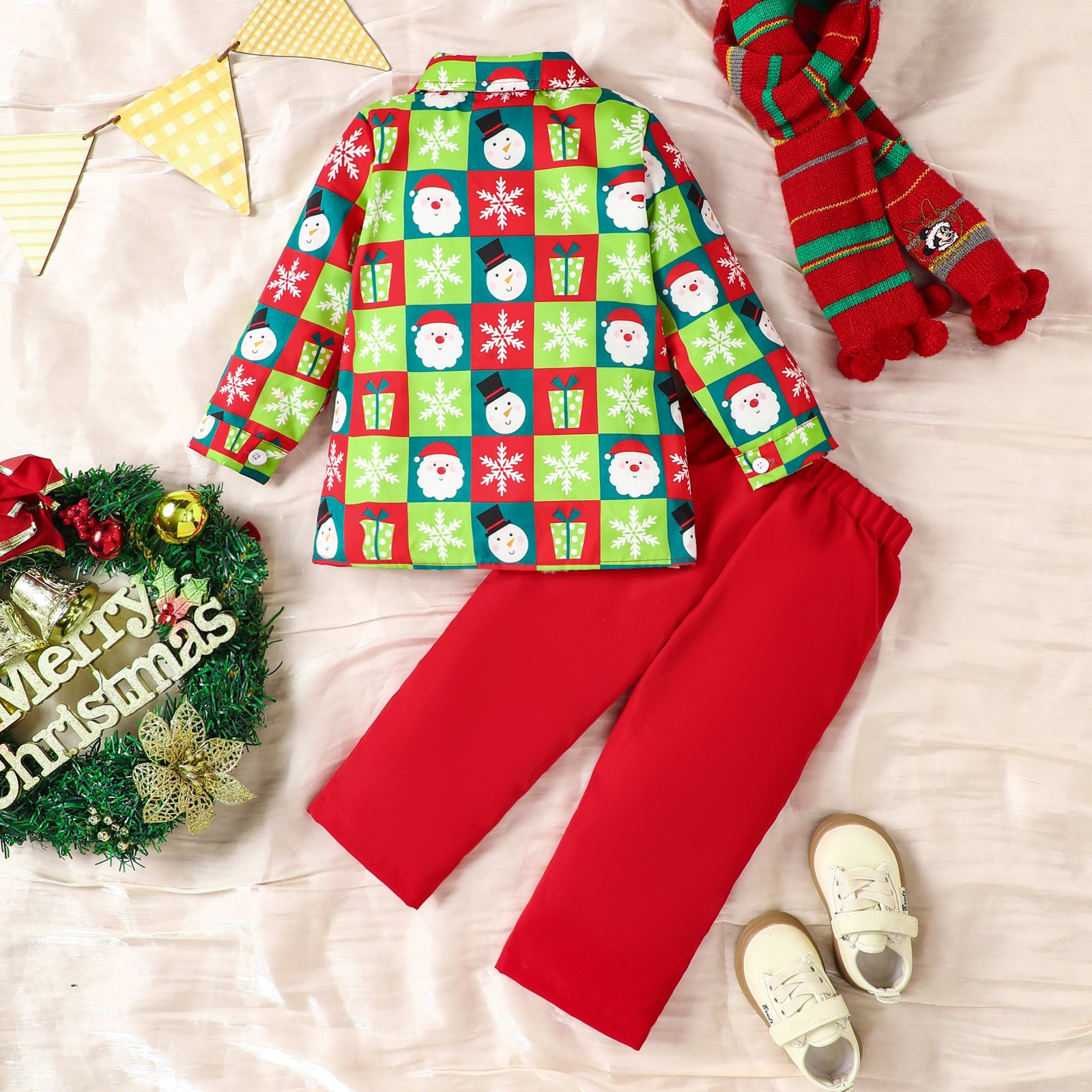 Toddler Baby Boys Christmas Clothes Santa Print Button Long Sleeve Shirt Pants Set Xmas Gentlemen Outfits