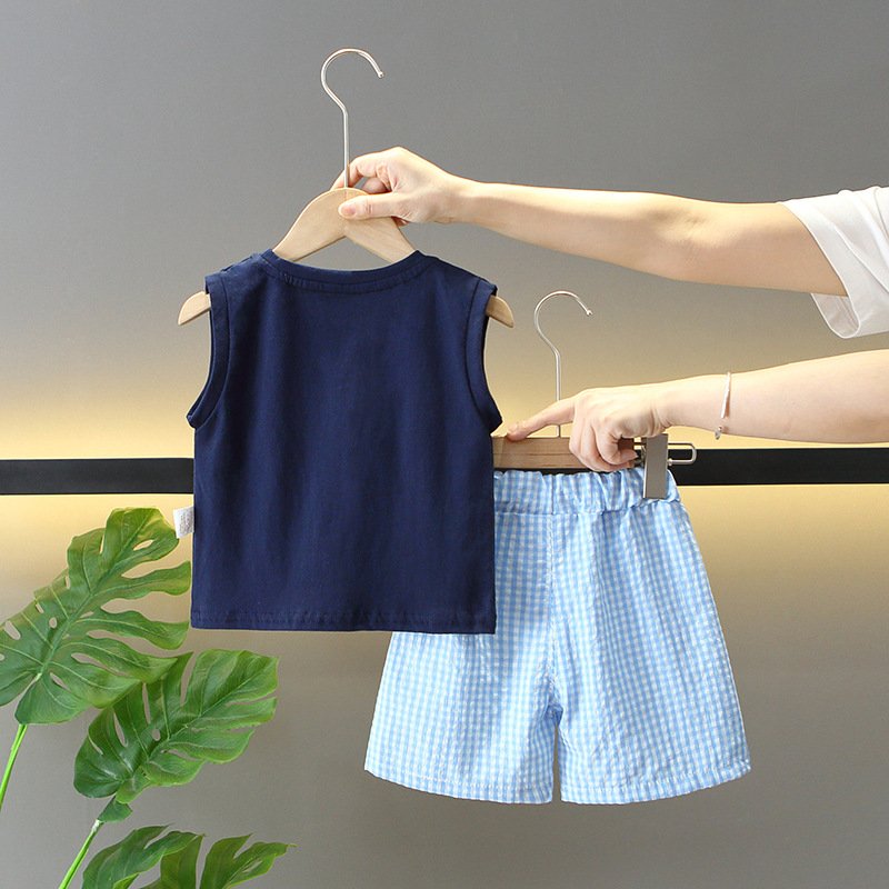 Kids Summer Popular 2pcs Suits Sleeveless Top+Shorts Cartoon Embroidery Casual Baby Boys Clothing Sets
