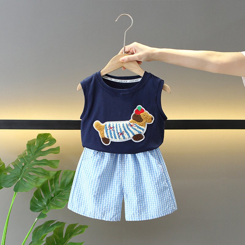 Kids Summer Popular 2pcs Suits Sleeveless Top+Shorts Cartoon Embroidery Casual Baby Boys Clothing Sets
