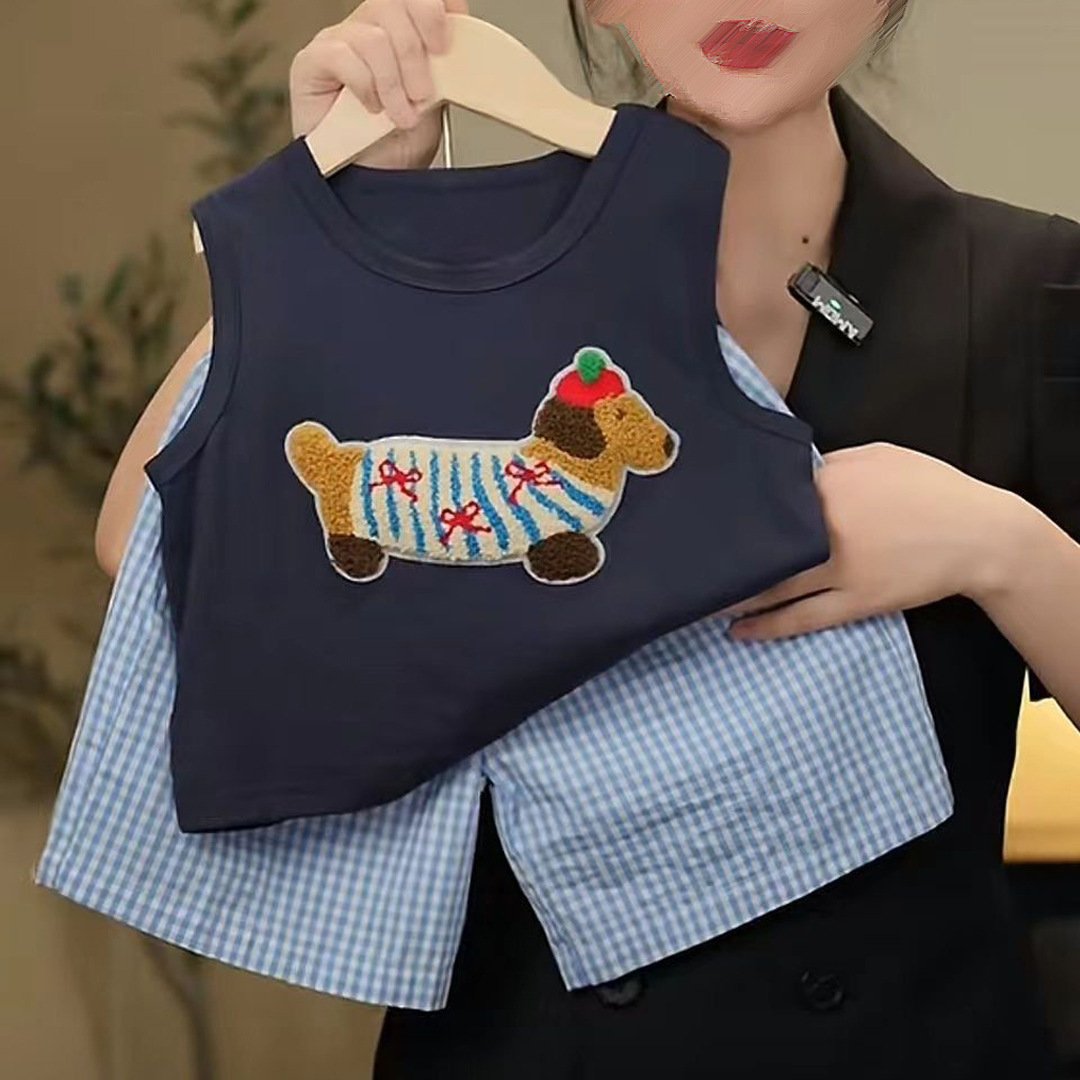 Kids Summer Popular 2pcs Suits Sleeveless Top+Shorts Cartoon Embroidery Casual Baby Boys Clothing Sets