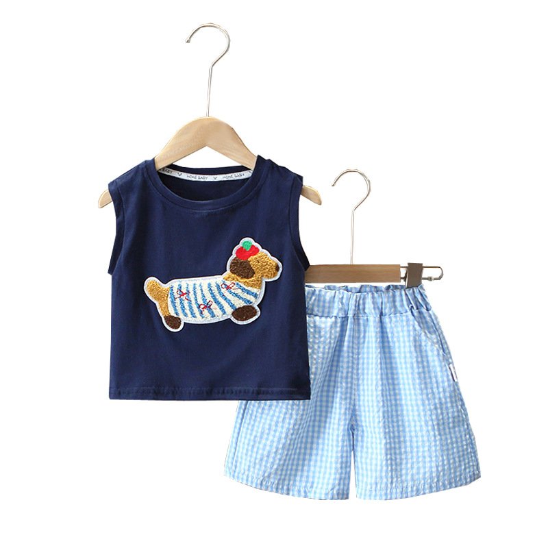 Kids Summer Popular 2pcs Suits Sleeveless Top+Shorts Cartoon Embroidery Casual Baby Boys Clothing Sets