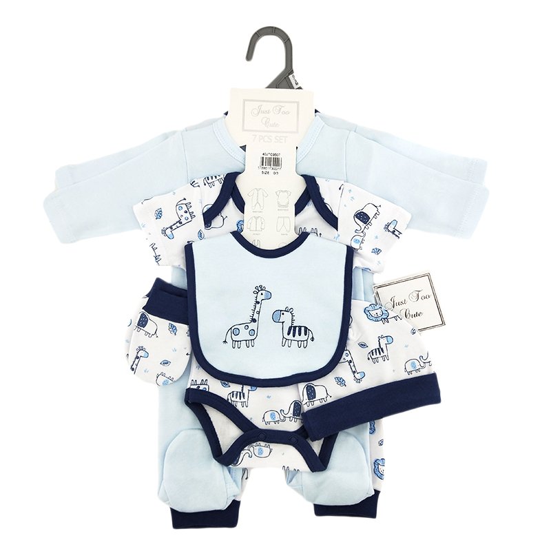 Newborn Baby Kids Boy Gift Clothing Set Cotton Layette 7 PCS romper Set with bodysuit, blanket, Hat, Glove and Bib