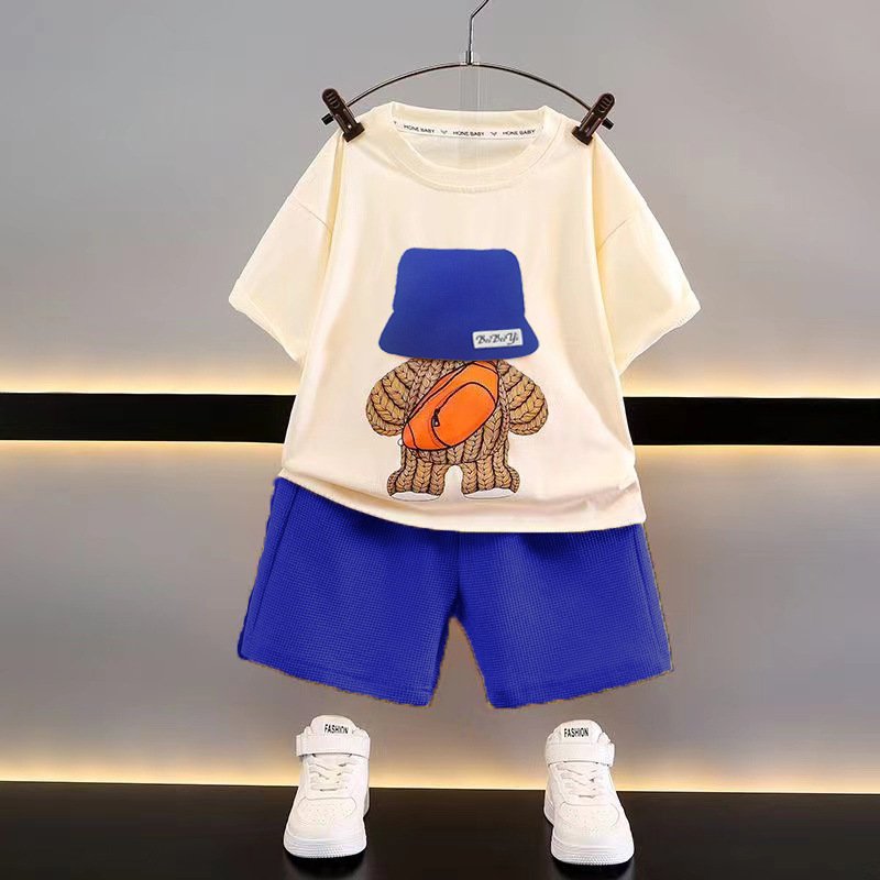 Wholesale Children's Boutique Clothing Kids waffle Clothes 2 pieces boy T shirt shorts clothes set