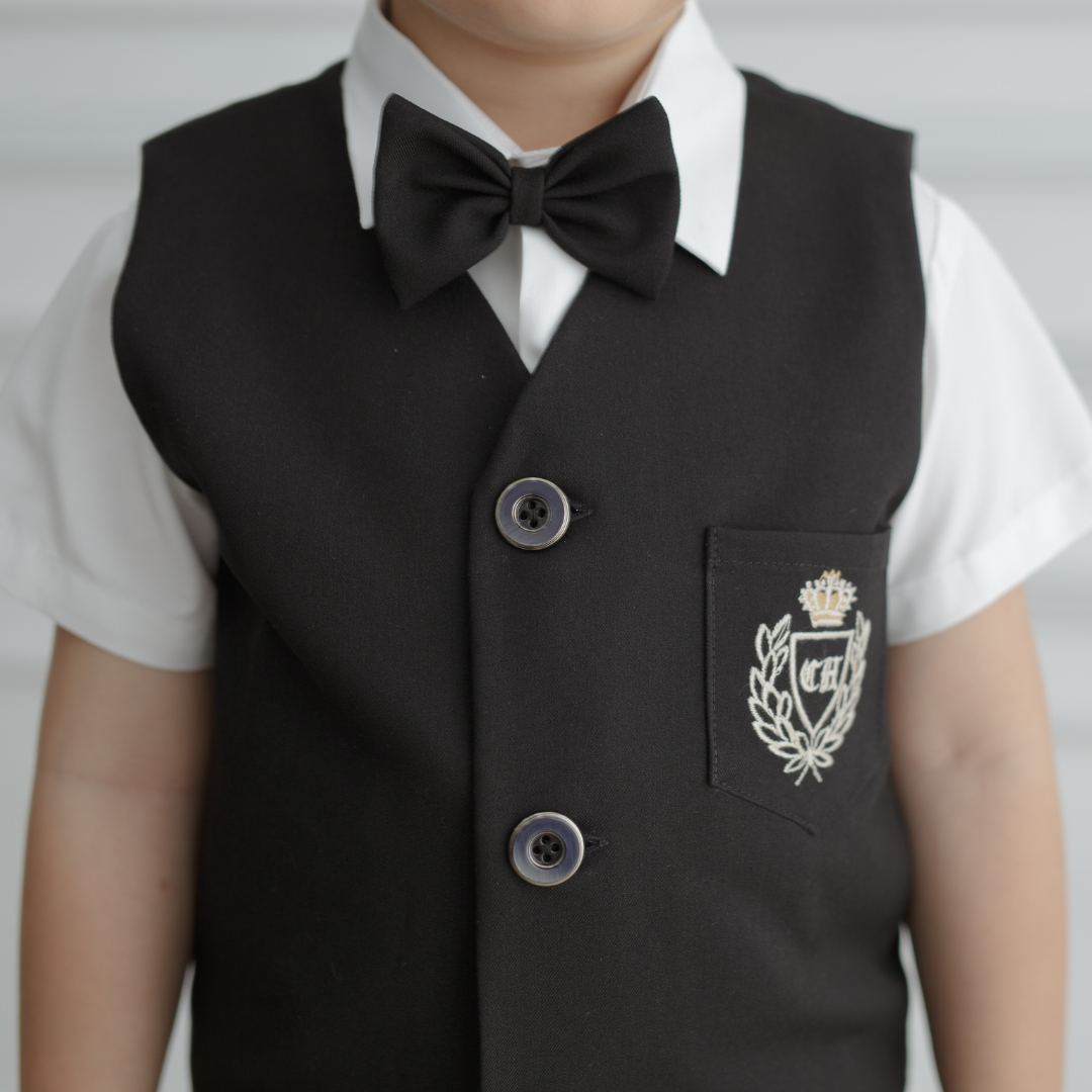 Christmas Winter Children's Clothing Custom Baby Boy Suits Set 3 Pieces Vest And Short Bow Tie Machine Embroidery-Richard Black