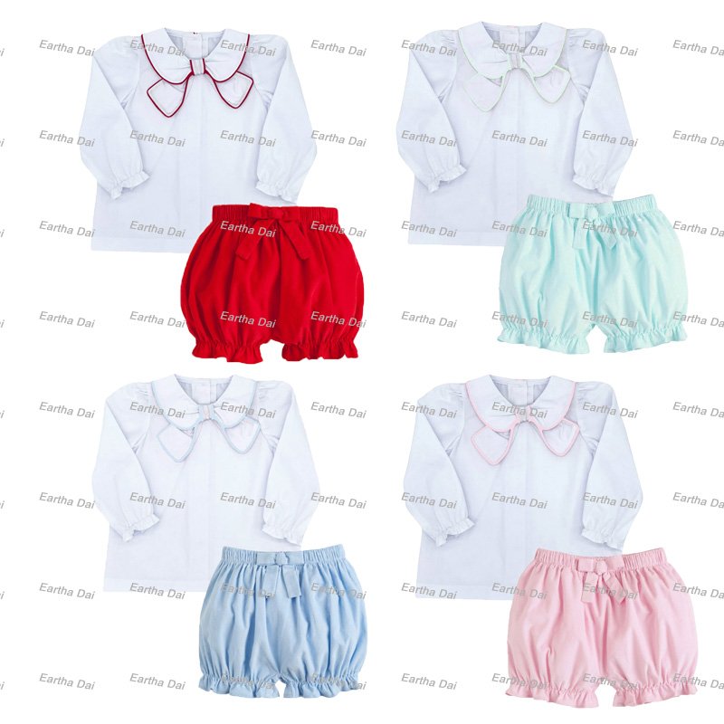 children's clothing red cotton monogram bow long sleeve baby clothes sets spring toddler girl shorts sets