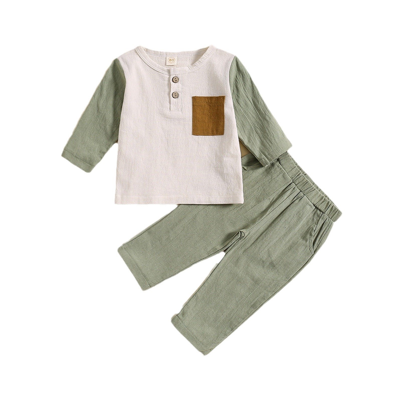 OEM Autumn Children's Color Contrast Design Pullover Pocket Single Button Tops And Pant Boys Clothing Set Baby Cotton 2Pcs Suits