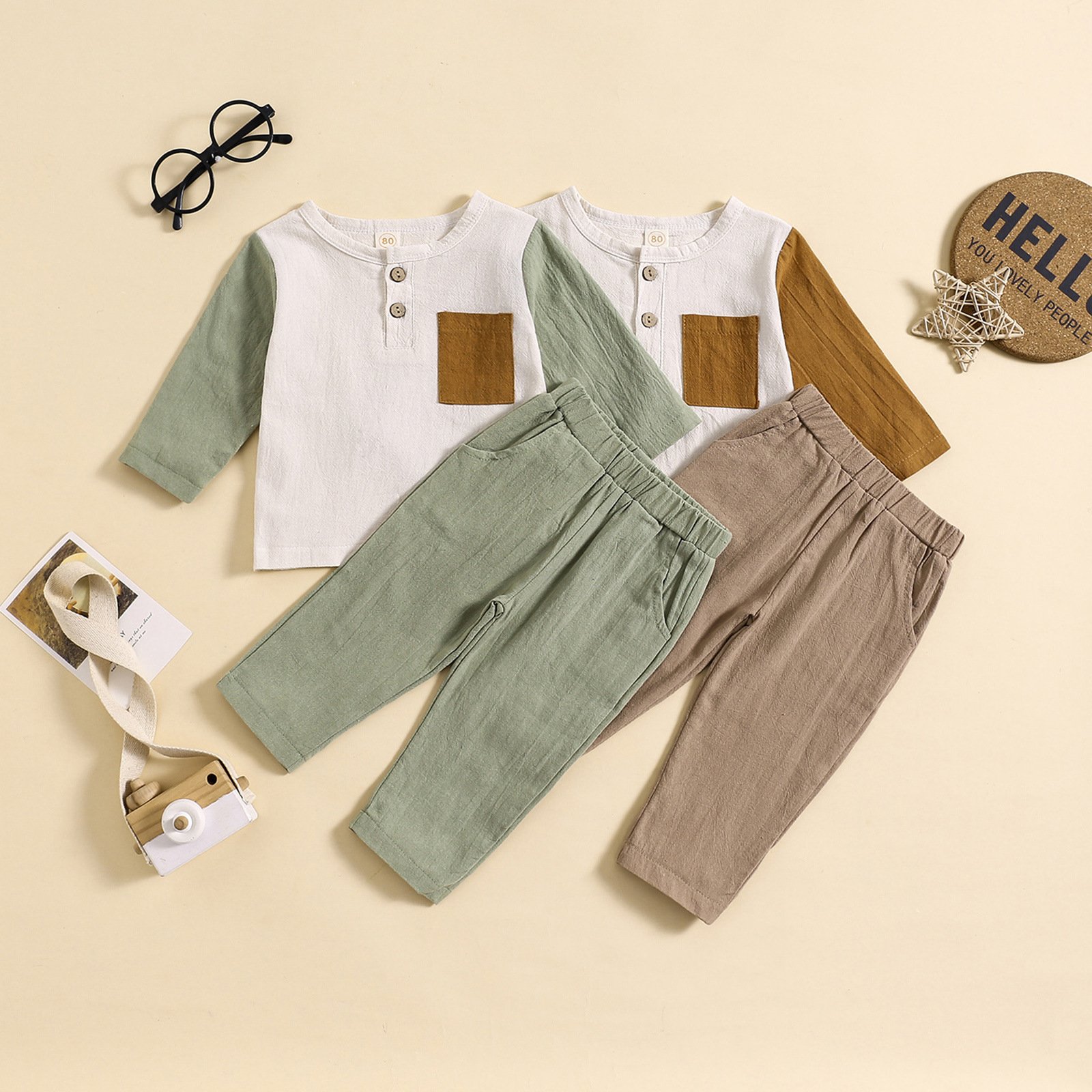 OEM Autumn Children's Color Contrast Design Pullover Pocket Single Button Tops And Pant Boys Clothing Set Baby Cotton 2Pcs Suits