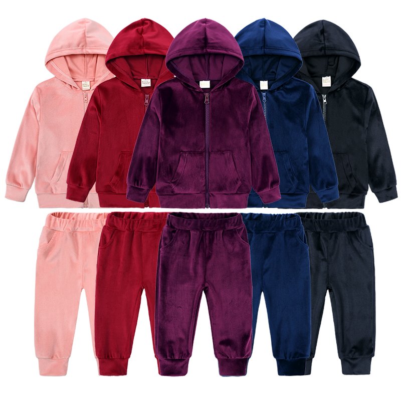 custom high quality luxury velvet kids tracksuit hoodie plain zip up clothes boys girls sweatsuit winter clothing