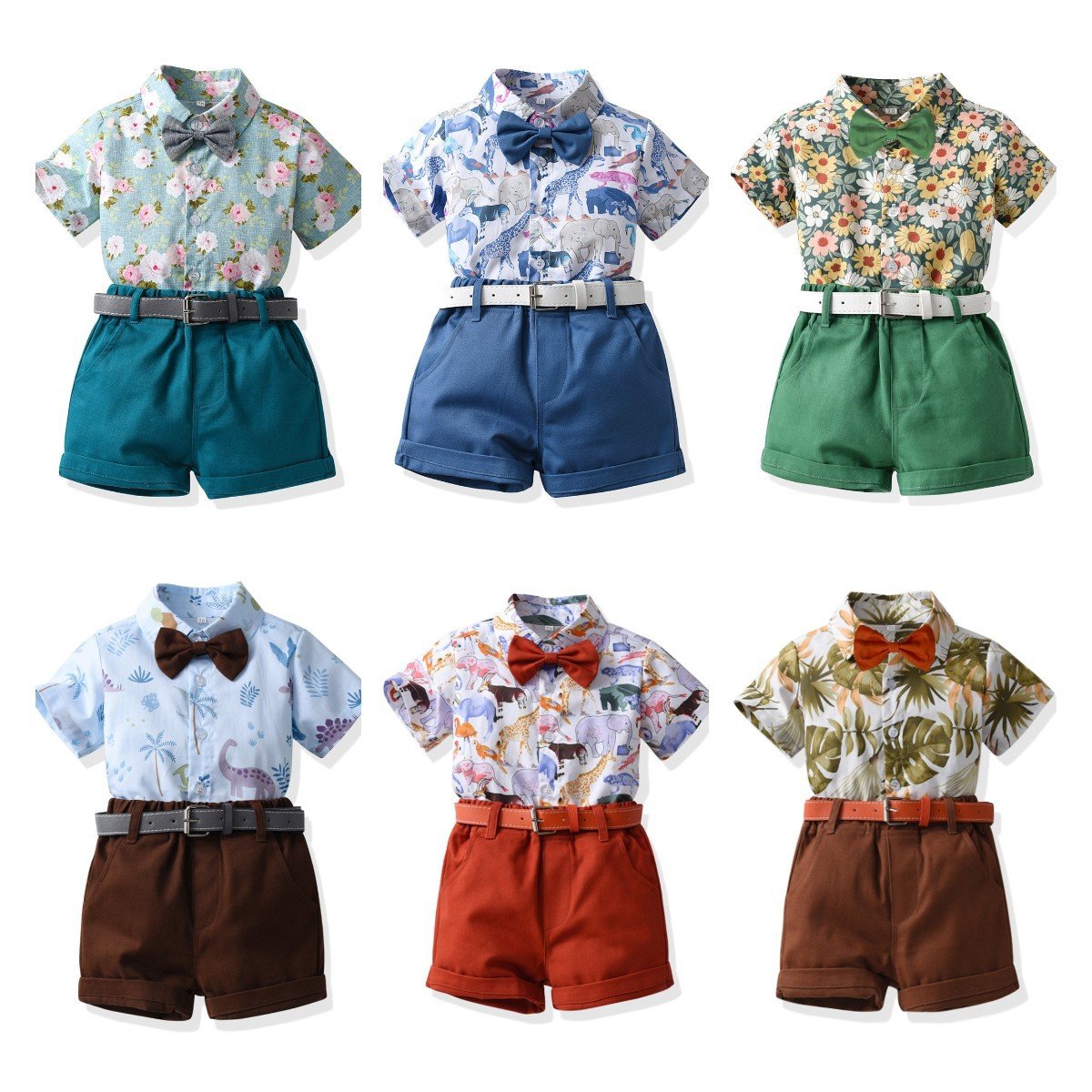 Cute Baby Boy Clothes Summer Set New Cartoon Animal Print Short Sleeve Shirt + Pants with Belt 2 to 5 Years Kid Toddler Outfit