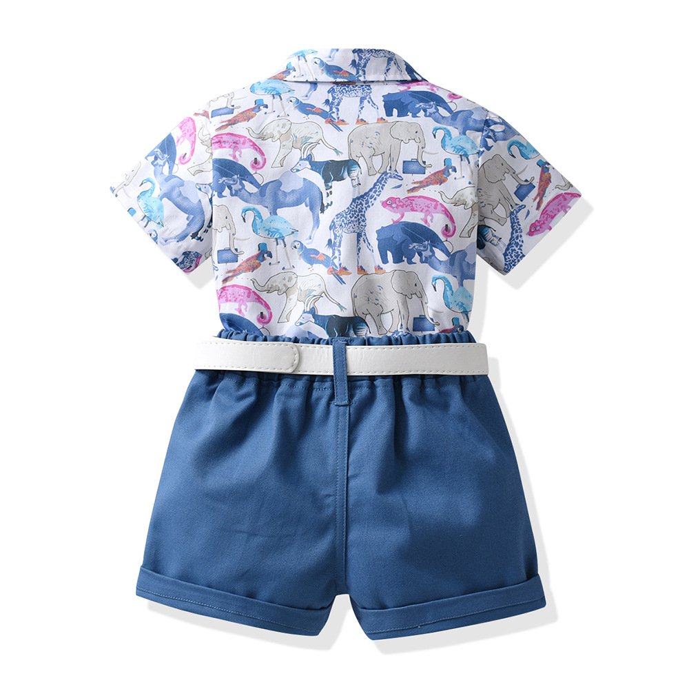 Cute Baby Boy Clothes Summer Set New Cartoon Animal Print Short Sleeve Shirt + Pants with Belt 2 to 5 Years Kid Toddler Outfit