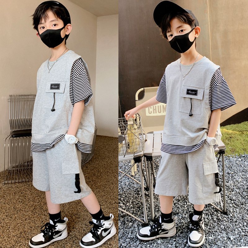 Summer Boy's Clothing Short Sleeve Kids Clothes Teen Boys Clothing Wholesale Children Clothing Sets Waffle Two-pieces Set