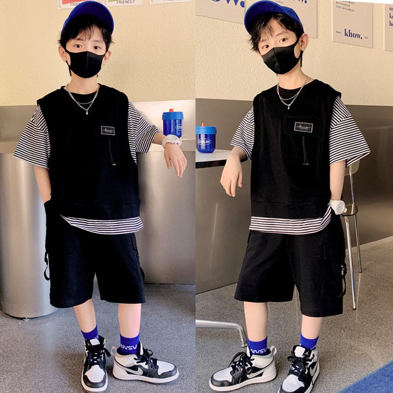 Summer Boy's Clothing Short Sleeve Kids Clothes Teen Boys Clothing Wholesale Children Clothing Sets Waffle Two-pieces Set