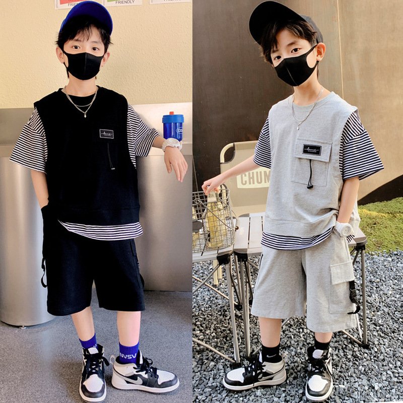 Summer Boy's Clothing Short Sleeve Kids Clothes Teen Boys Clothing Wholesale Children Clothing Sets Waffle Two-pieces Set