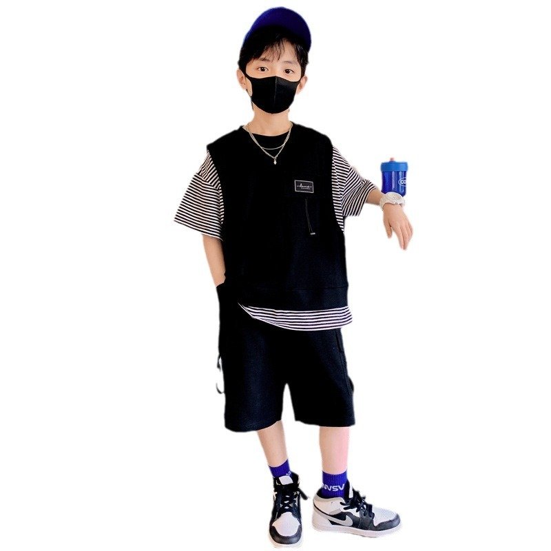 Summer Boy's Clothing Short Sleeve Kids Clothes Teen Boys Clothing Wholesale Children Clothing Sets Waffle Two-pieces Set