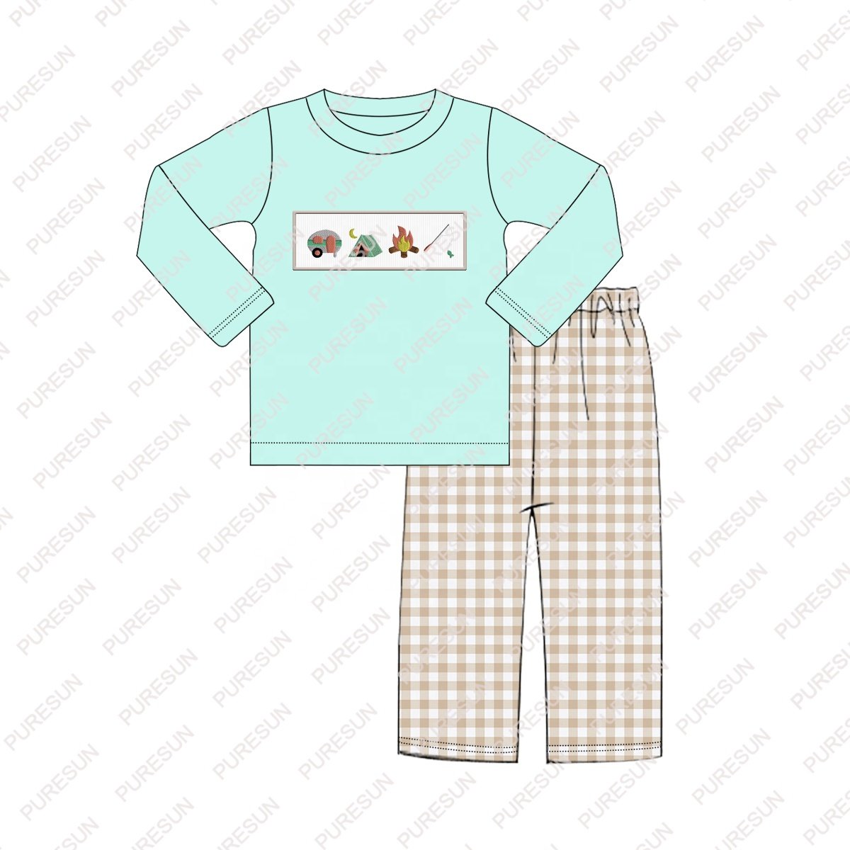 Puresun factory wholesale french knot custom designs smocked children clothes fall camping embroidery boy boutique clothing sets