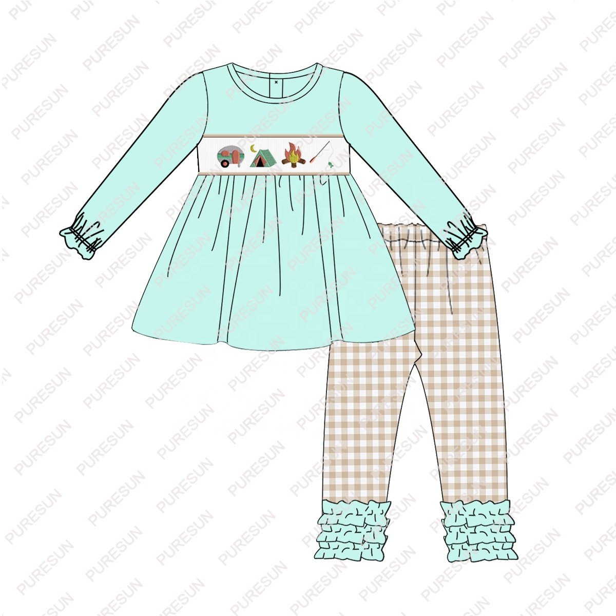 Puresun factory wholesale french knot custom designs smocked children clothes fall camping embroidery boy boutique clothing sets