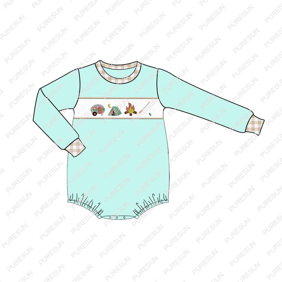 Puresun factory wholesale french knot custom designs smocked children clothes fall camping embroidery boy boutique clothing sets