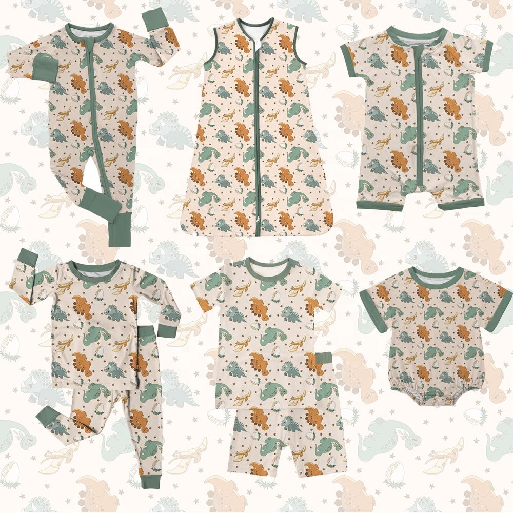 Factory Wholesale Kids Bamboo Pajamas Set Dinosaur Printed Baby Bamboo Short Romper Infant Boys Bamboo Sleepwear