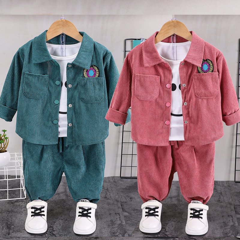 Autumn Winter Boy Kids Clothing Casual Corduroy Lapel Concealed Buttons Cardigan Jacket Pants Two-piece Children Clothes 2024