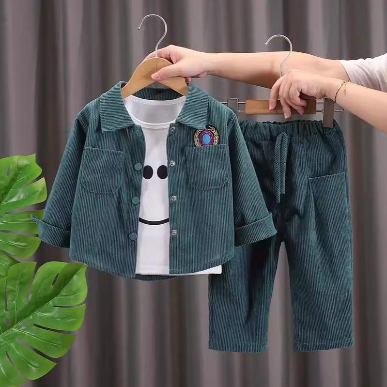 Autumn Winter Boy Kids Clothing Casual Corduroy Lapel Concealed Buttons Cardigan Jacket Pants Two-piece Children Clothes 2024