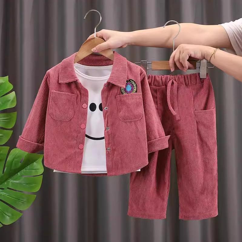 Autumn Winter Boy Kids Clothing Casual Corduroy Lapel Concealed Buttons Cardigan Jacket Pants Two-piece Children Clothes 2024